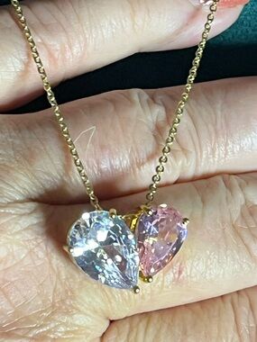 Gold Pink & White Pear/Heart Pendant Necklace 16-18”